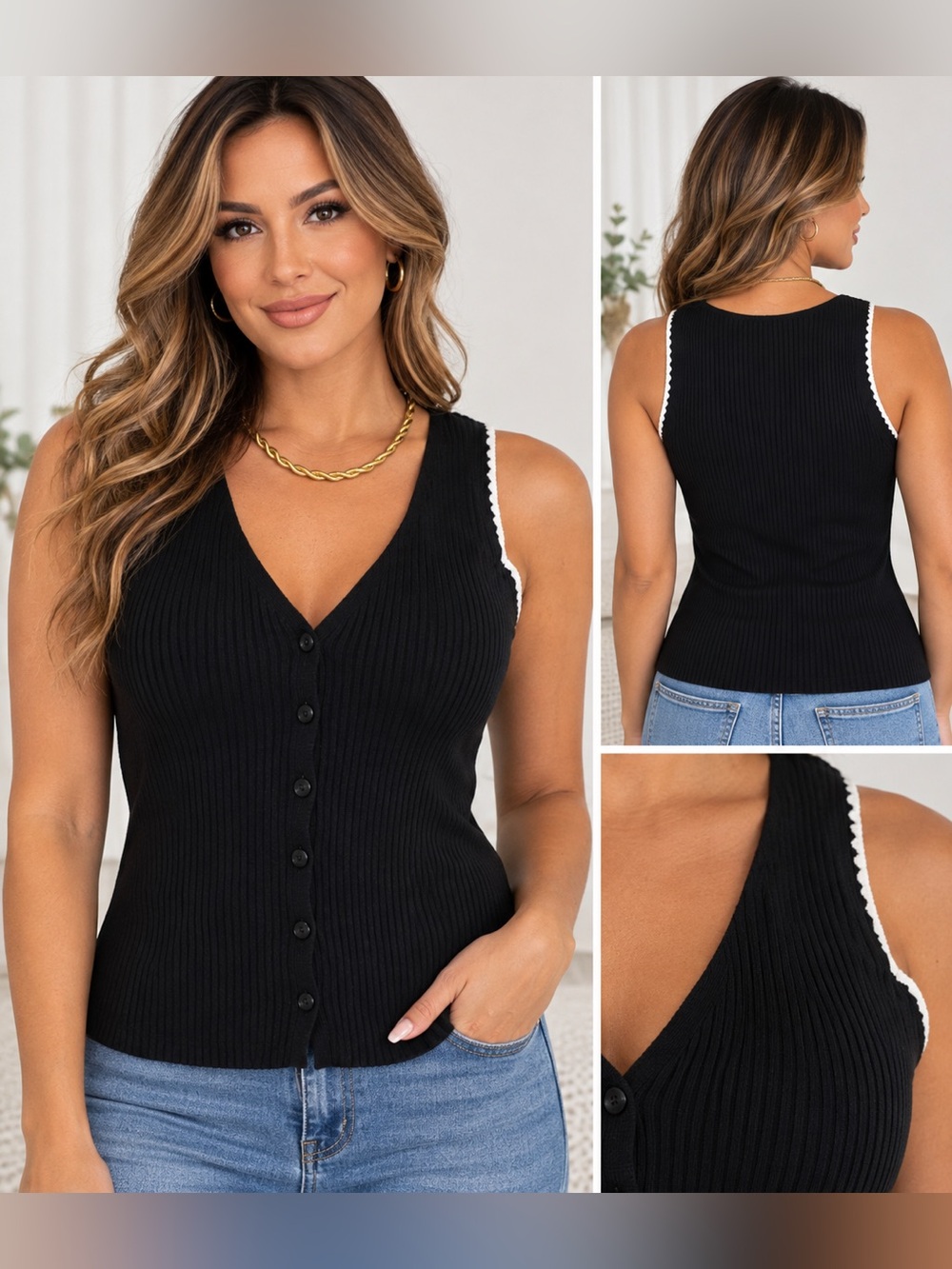 Universal Thread Black white trim Ribbed Button Front Tank Top Size S NWT